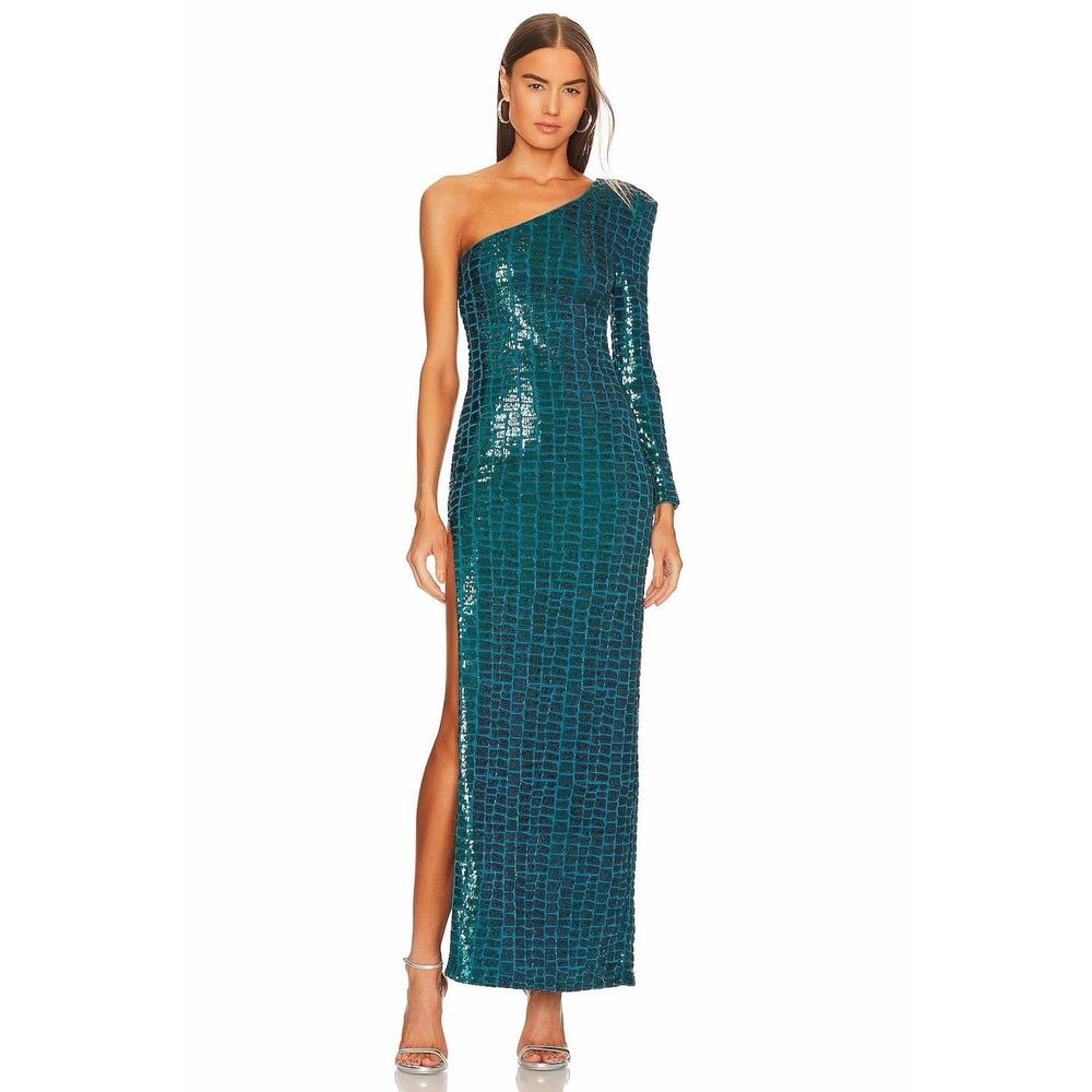 Michael Costello x REVOLVE Rumi Gown Teal Sequin Formal Maxi Dress Side Slit XL